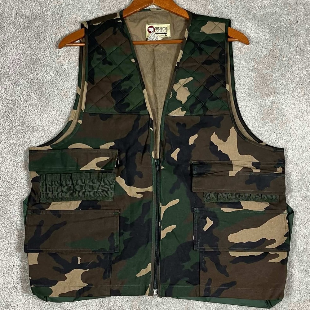 Sports Afield Hunting Vest Mens Large Camo Woodland Utility Game Bag Shell Loops